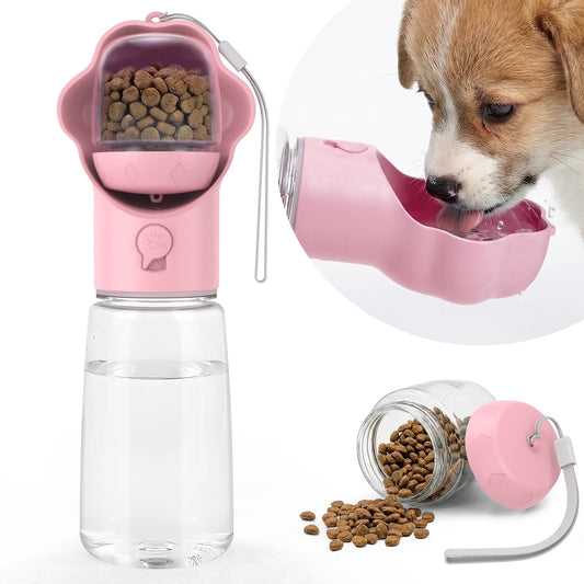 Dog Water Bottle with Food Container, 18.6Oz Pet Dispenser Cup, Detachable 5.7Oz Food Container, Portable Leak-Proof Water Bottle with Lock, Pink