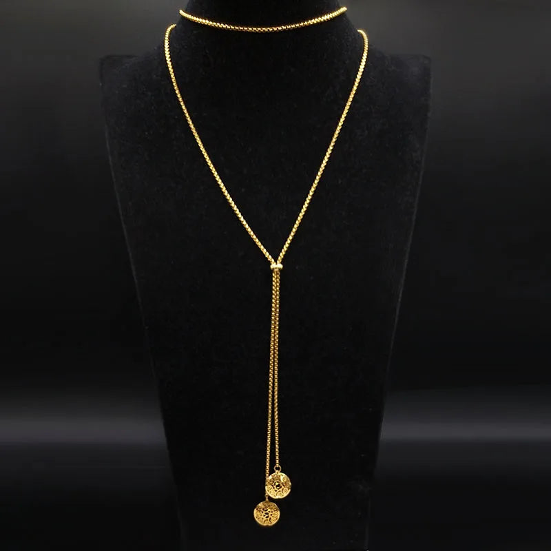 Stainless Steel Long Necklaces Gold Color round Flower Women Long Necklace Jewelry Sautoir Femme Long Acier Inoxydable