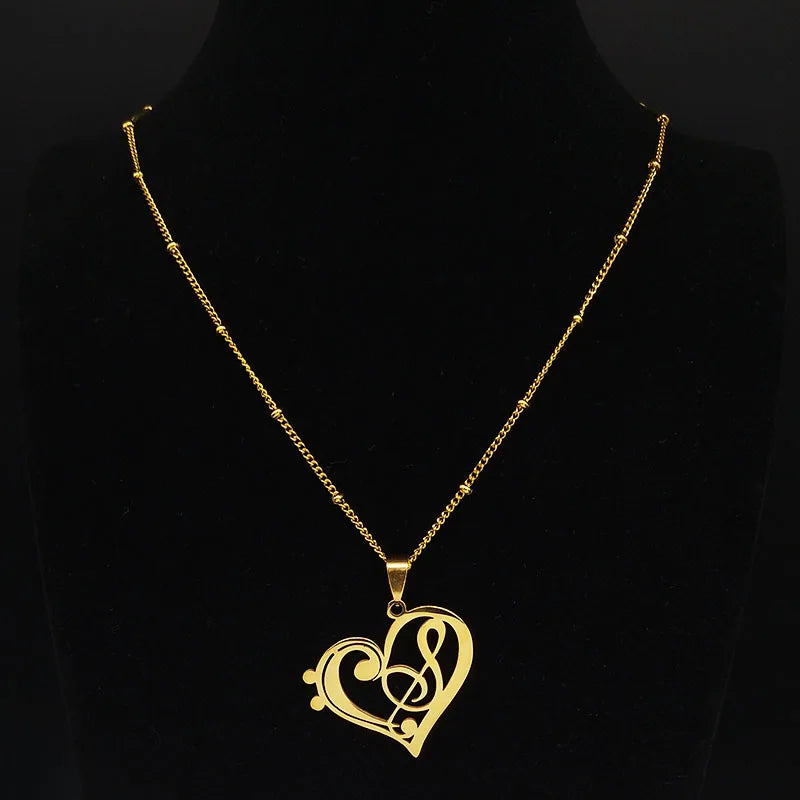 Aesthetic Music Note Heart of Treble Clef Stainless Steel Necklace for Women Men Gold Color Musical Chain Jewelry Collar N1135