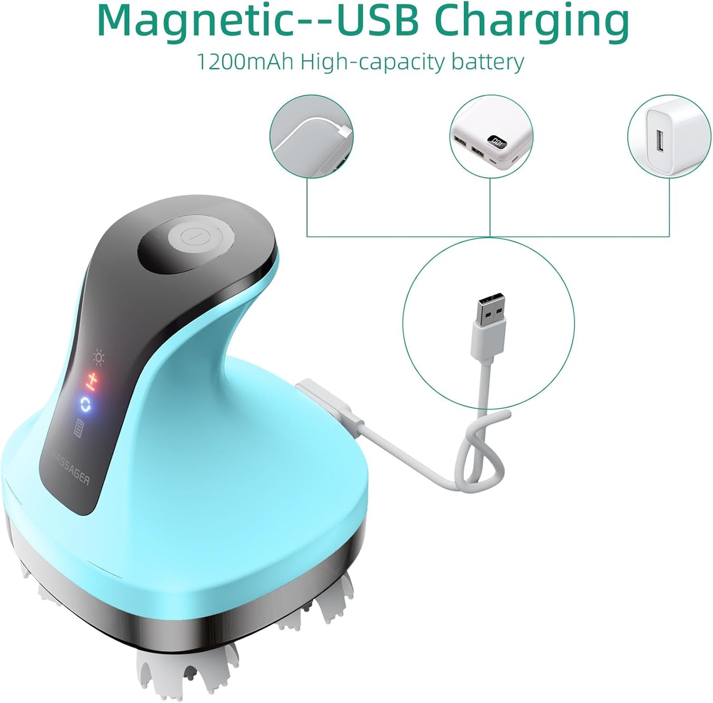 Electric Head Massager, Cordless Portable Body Massage for Deep Relaxation,108 Kneading Nodes Soft Silicone Massage Claws, Waterproof Scalp Cleaning, 4 Modes, Gift for Men Women, Blue
