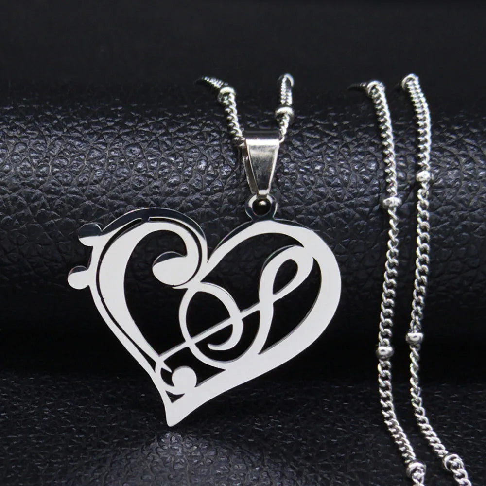 Aesthetic Music Note Heart of Treble Clef Stainless Steel Necklace for Women Men Gold Color Musical Chain Jewelry Collar N1135