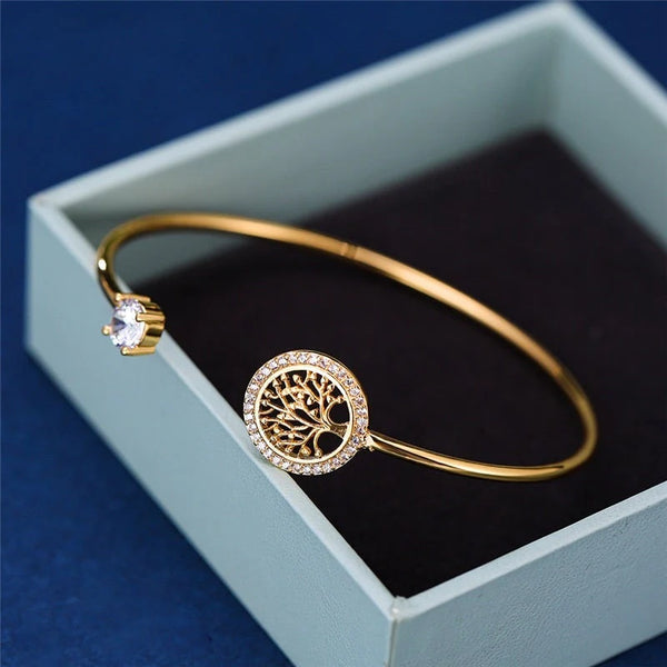 Tree of Life Bangle Bracelet with Crystal Accent