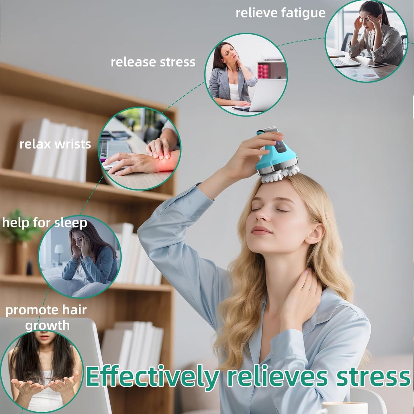 Electric Head Massager, Cordless Portable Body Massage for Deep Relaxation,108 Kneading Nodes Soft Silicone Massage Claws, Waterproof Scalp Cleaning, 4 Modes, Gift for Men Women, Blue
