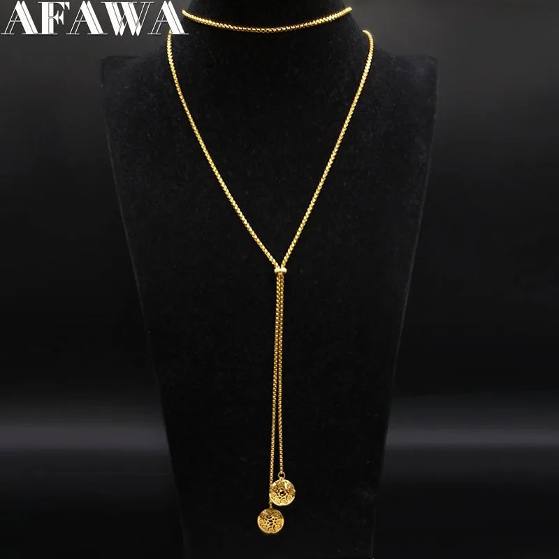 Stainless Steel Long Necklaces Gold Color round Flower Women Long Necklace Jewelry Sautoir Femme Long Acier Inoxydable