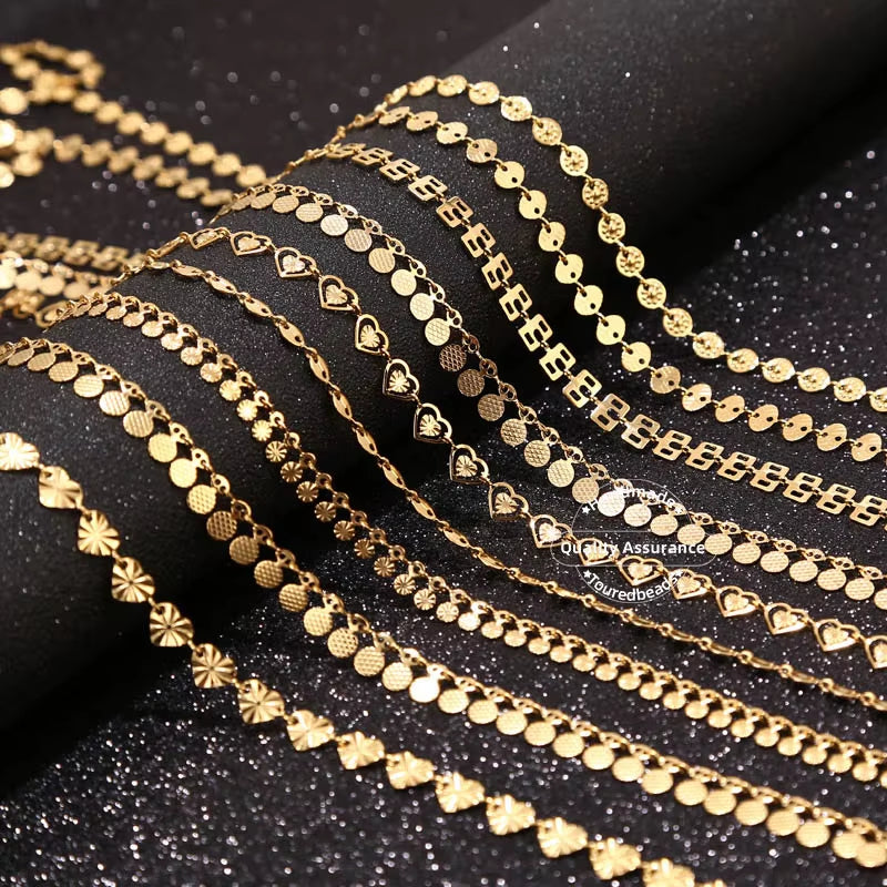 1 Meter Stainles Steel Gold Handmade Drop Heart Sculptured round Disc Chains for Women Necklace Bracelet Anklet Making Supplies