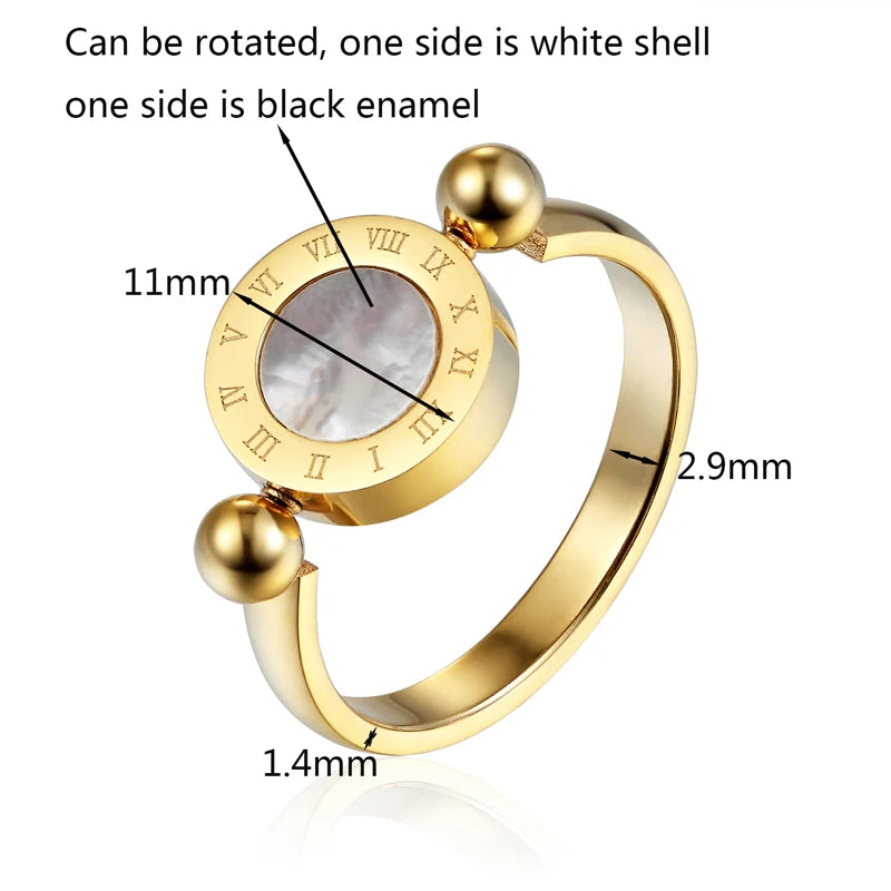 Classic Design Can Be Rotated Enamel and Shell Roman Numeral Beautiful Woman Ring Stainless Steel Brand Ring Jewelry for Women