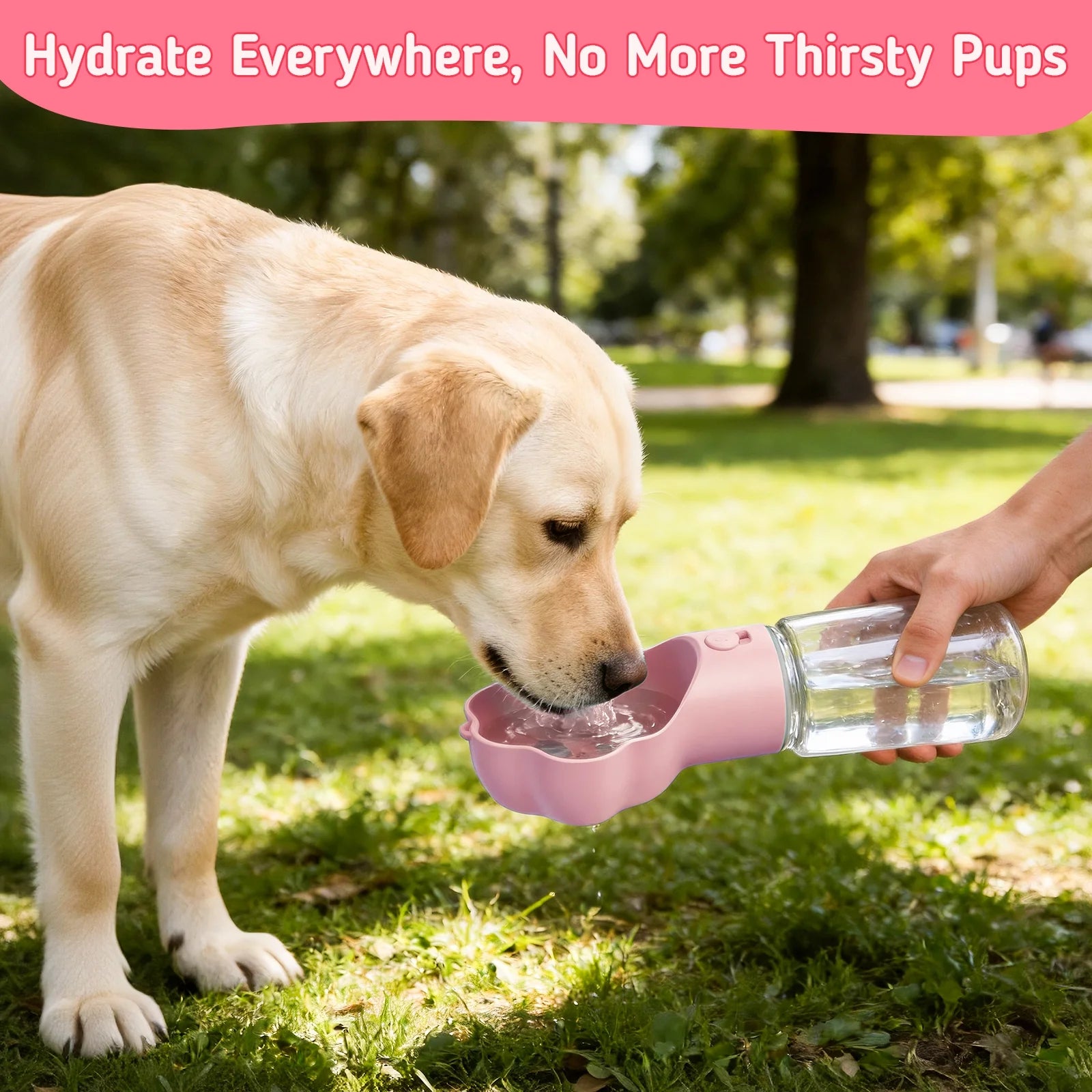 Dog Water Bottle with Food Container, 18.6Oz Pet Dispenser Cup, Detachable 5.7Oz Food Container, Portable Leak-Proof Water Bottle with Lock, Pink