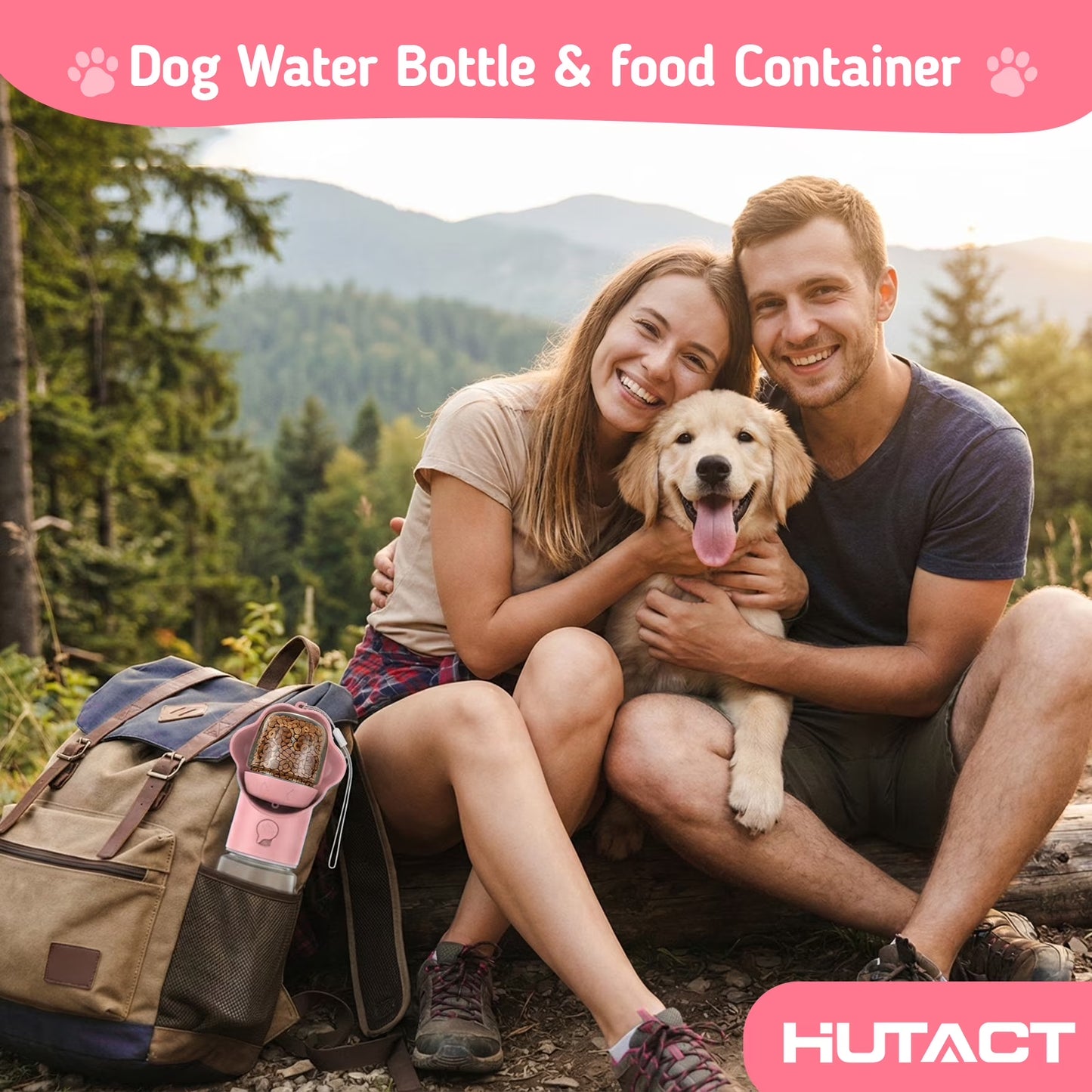 Dog Water Bottle with Food Container, 18.6Oz Pet Dispenser Cup, Detachable 5.7Oz Food Container, Portable Leak-Proof Water Bottle with Lock, Pink