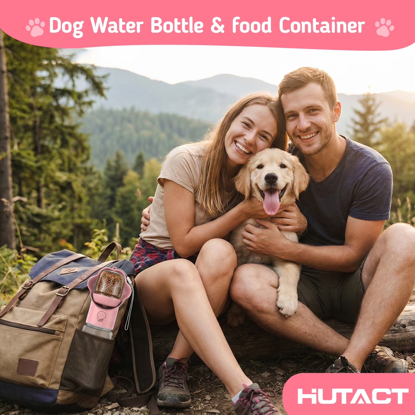 Dog Water Bottle with Food Container, 18.6Oz Pet Dispenser Cup, Detachable 5.7Oz Food Container, Portable Leak-Proof Water Bottle with Lock, Pink