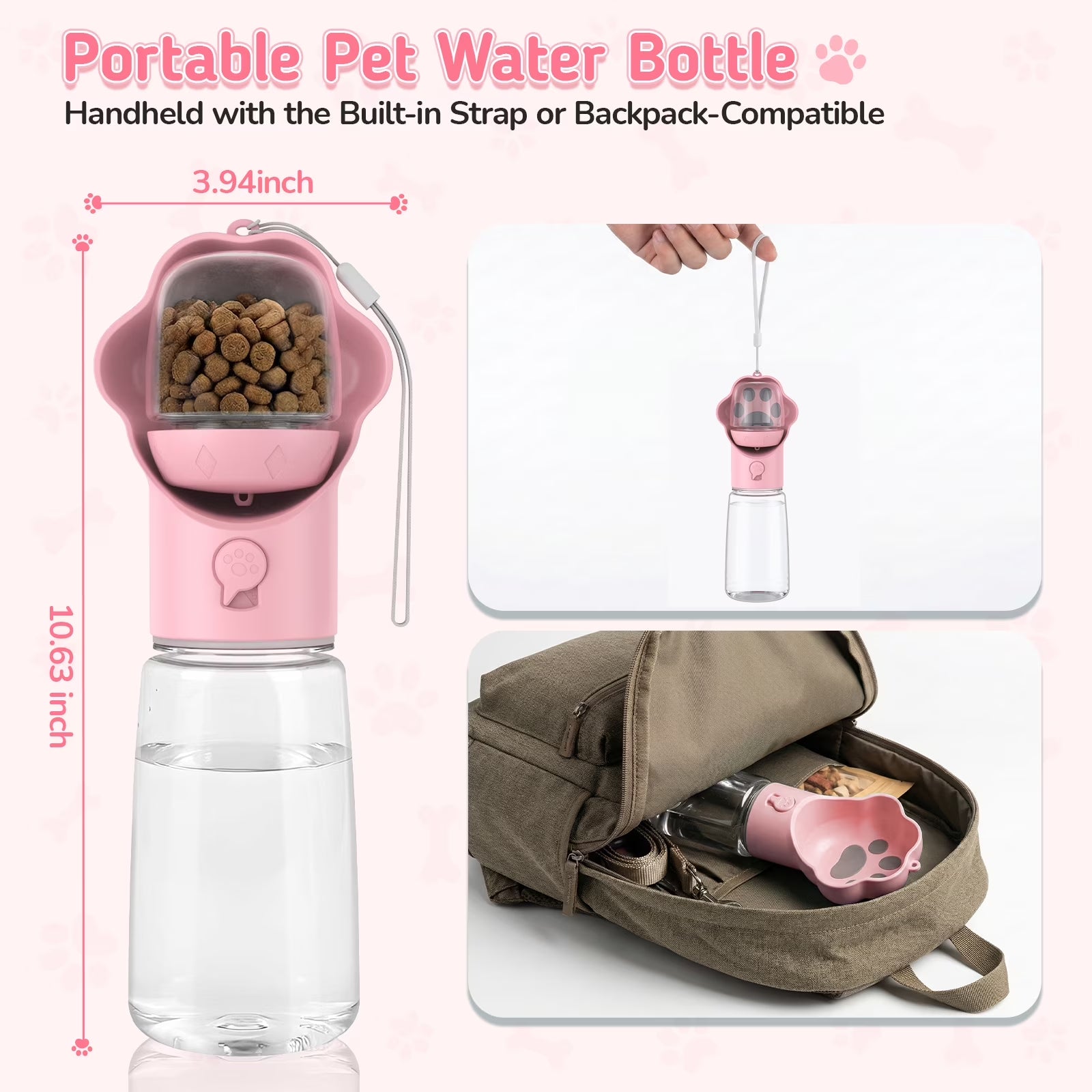Dog Water Bottle with Food Container, 18.6Oz Pet Dispenser Cup, Detachable 5.7Oz Food Container, Portable Leak-Proof Water Bottle with Lock, Pink