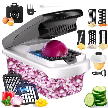 Vegetable Chopper Food Slicer, 15 in 1 Multi-Function Food Chopper for Onion, Veggie, Cheese Grater, Vegetables Cutter with Large Container, Kitchen Gadgets (White)