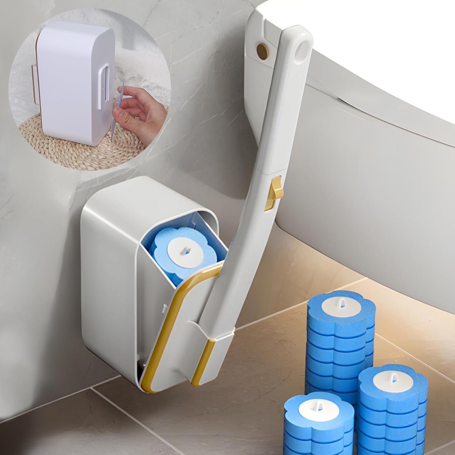 Disposable Toilet Brush with 48 Cleaner Refills, Toilet Brush Disposable with Wall Mounted Holder and Extended Handle for Showers and Bathroom Cleaning