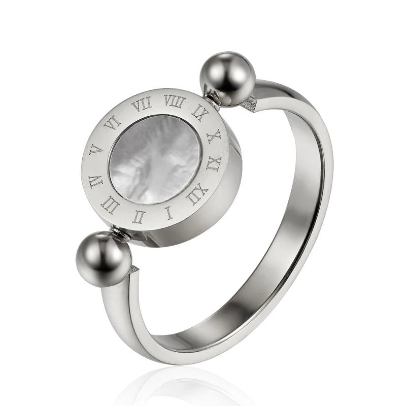 Classic Design Can Be Rotated Enamel and Shell Roman Numeral Beautiful Woman Ring Stainless Steel Brand Ring Jewelry for Women
