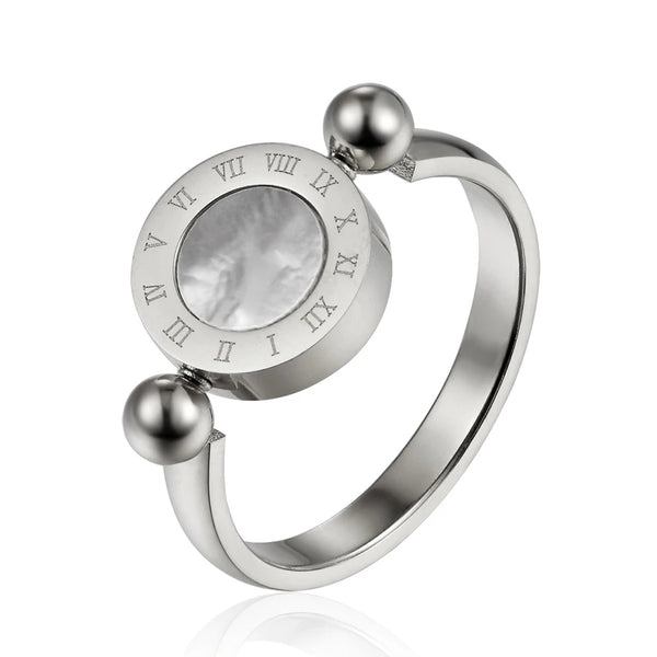 Classic Design Can Be Rotated Enamel and Shell Roman Numeral Beautiful Woman Ring Stainless Steel Brand Ring Jewelry for Women
