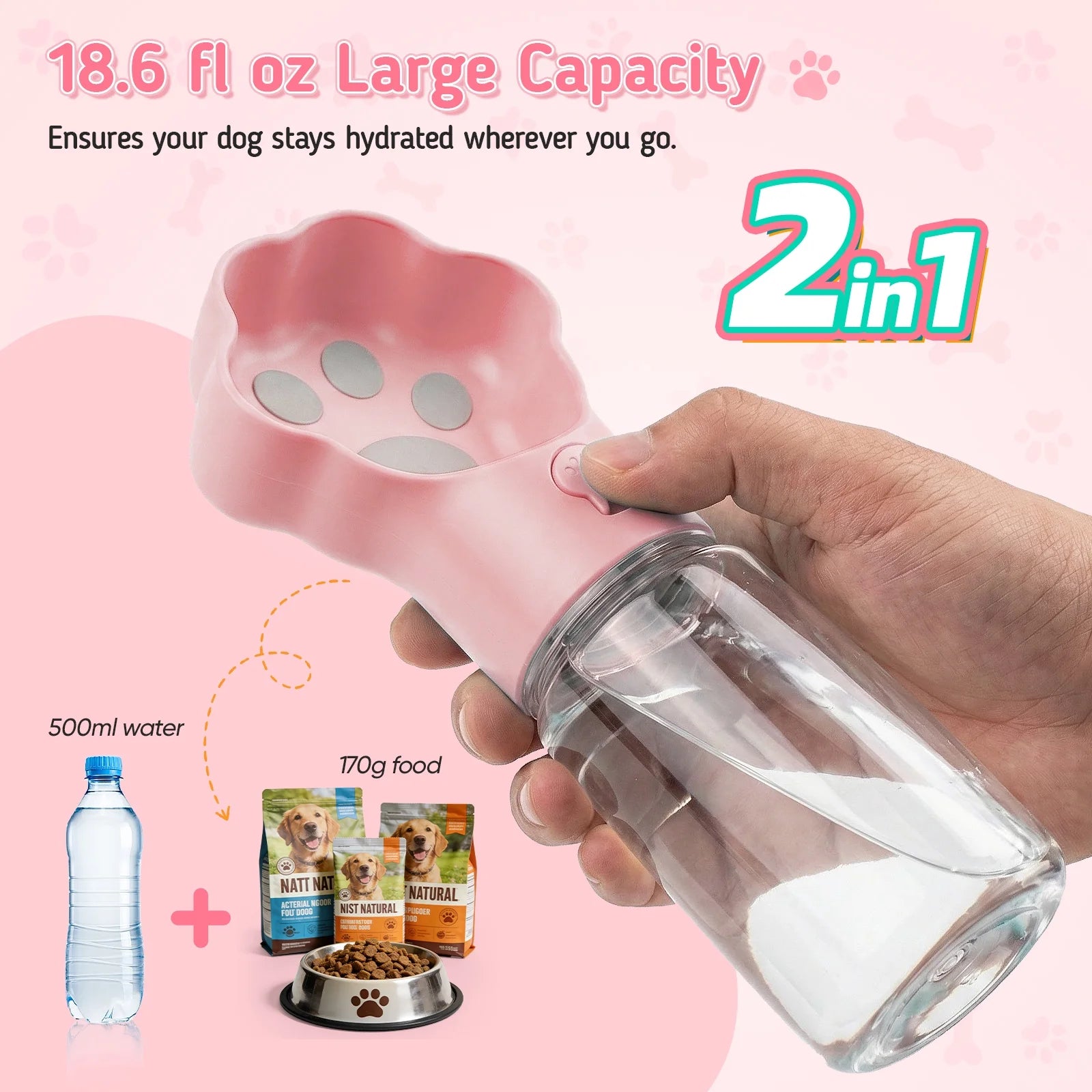 Dog Water Bottle with Food Container, 18.6Oz Pet Dispenser Cup, Detachable 5.7Oz Food Container, Portable Leak-Proof Water Bottle with Lock, Pink