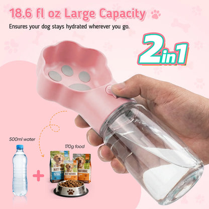 Dog Water Bottle with Food Container, 18.6Oz Pet Dispenser Cup, Detachable 5.7Oz Food Container, Portable Leak-Proof Water Bottle with Lock, Pink