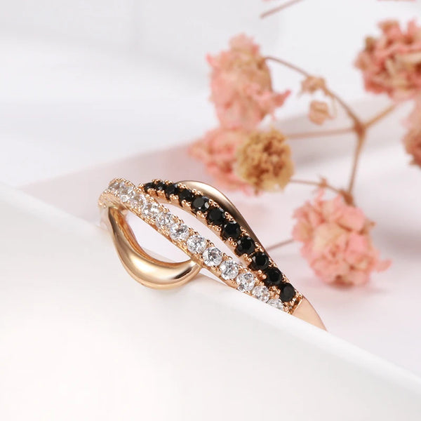 Fashion 2 Rows Black Natural Zircon Rings for Women Luxury 585 Rose Gold Vintage Cross Ring Fine Wedding Jewelry 2021 New