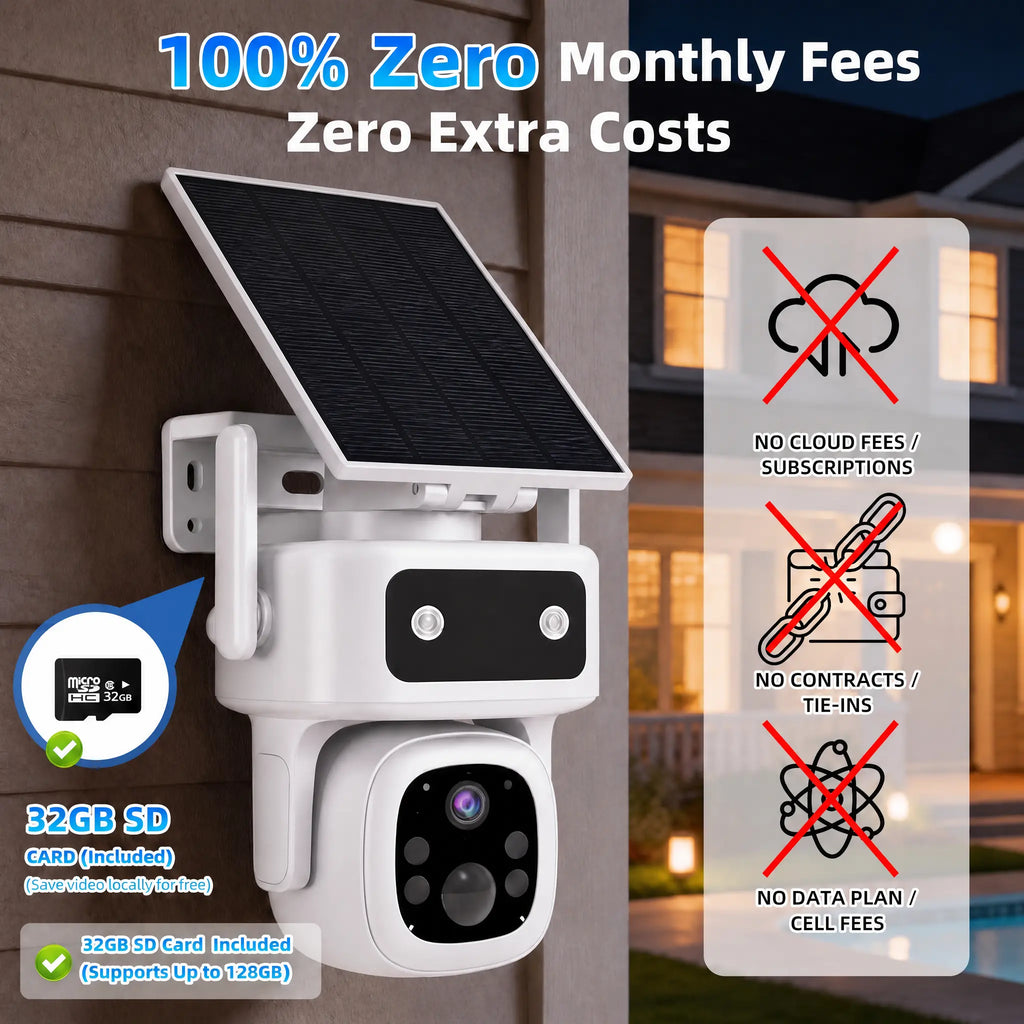 4G LTE Solar Cellular Security Camera Outdoor Wireless, Lifetime Free Data&No Monthly Fee, No Wifi, 360° PTZ, 2K Night Vision, Human Tracking, PIR, 2-Way Audio, 32GB TF Card, IP66 Waterproof