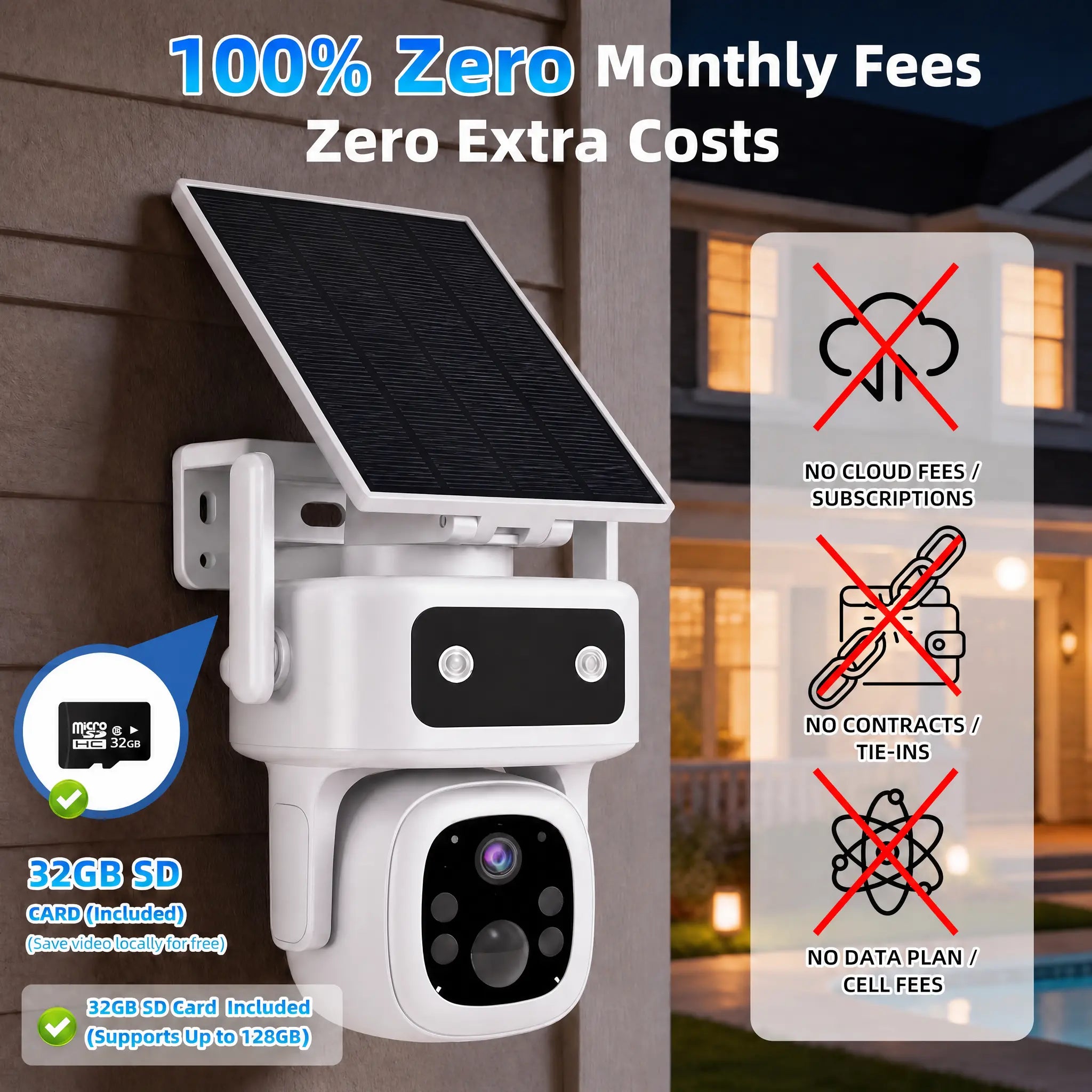 4G LTE Solar Cellular Security Camera Outdoor Wireless, Lifetime Free Data&No Monthly Fee, No Wifi, 360° PTZ, 2K Night Vision, Human Tracking, PIR, 2-Way Audio, 32GB TF Card, IP66 Waterproof