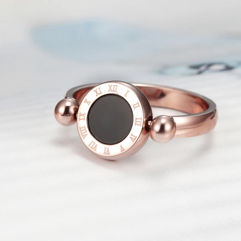 Classic Design Can Be Rotated Enamel and Shell Roman Numeral Beautiful Woman Ring Stainless Steel Brand Ring Jewelry for Women
