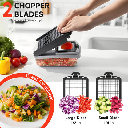 Vegetable Chopper Food Slicer, 15 in 1 Multi-Function Food Chopper for Onion, Veggie, Cheese Grater, Vegetables Cutter with Large Container, Kitchen Gadgets (White)