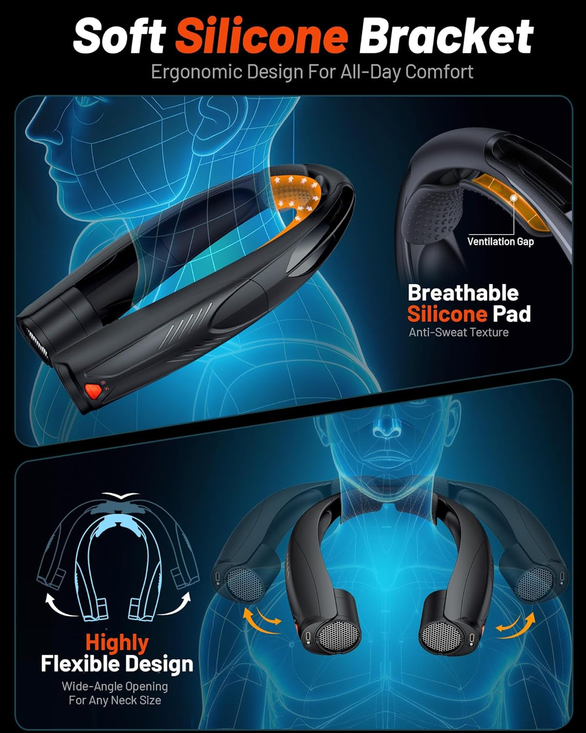 Portable Neck Fan, 6000Mah Rechargeable Personal Fan with 6 Speeds, up to 20 Hours Runtime, 360° Cooling Wearable Fan with LED Light, Hands-Free Fan for Travel Camping Outdoor