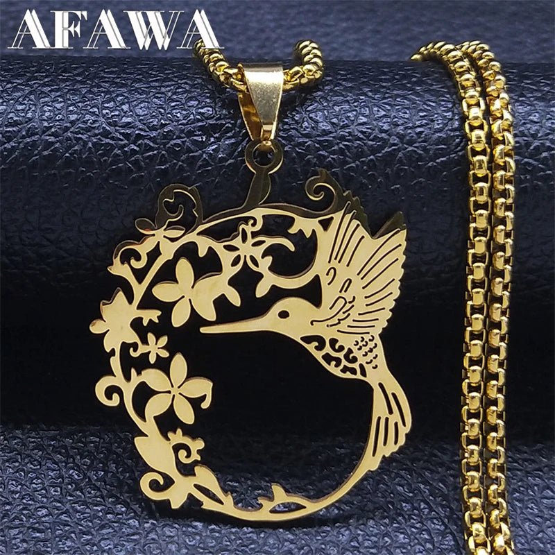 Bird Hummingbird Flower Necklace for Women Men Stainless Steel Gold Color Animal Pendant Necklaces Jewelry Collar Colibri N4626S