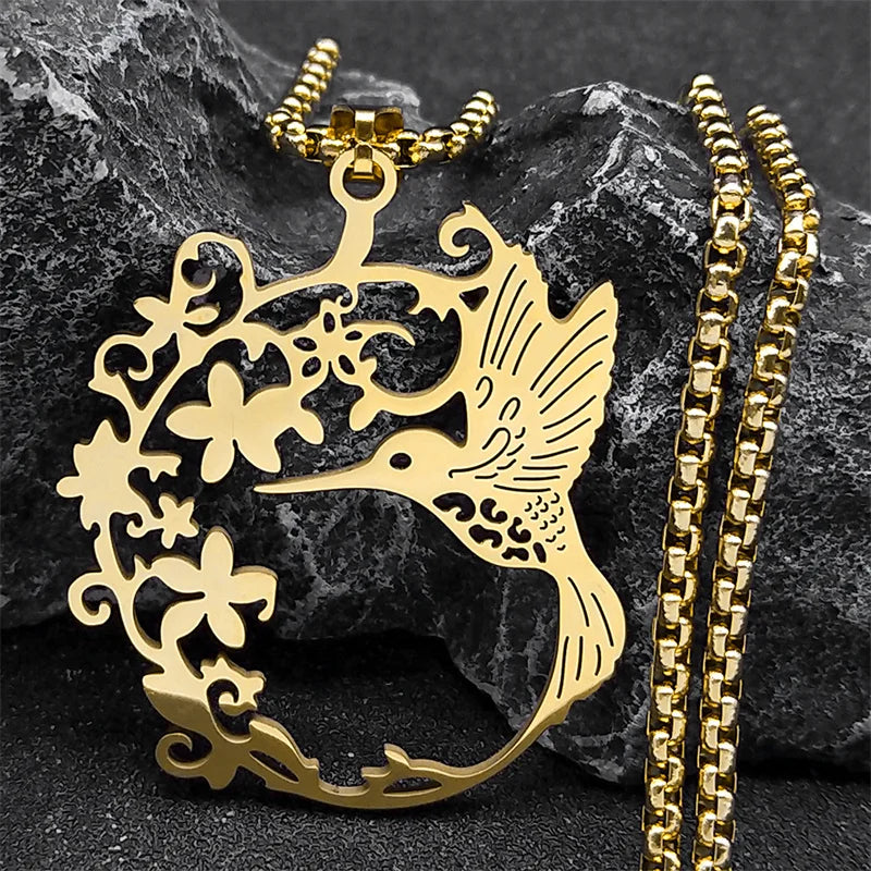 Bird Hummingbird Flower Necklace for Women Men Stainless Steel Gold Color Animal Pendant Necklaces Jewelry Collar Colibri N4626S