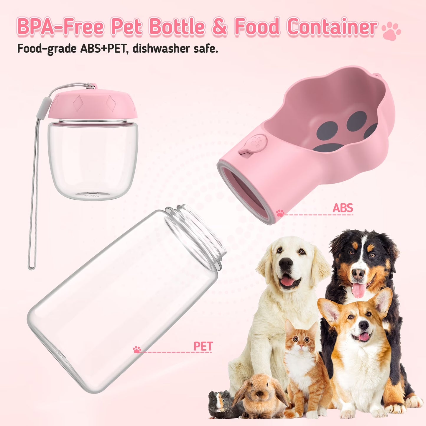 Dog Water Bottle with Food Container, 18.6Oz Pet Dispenser Cup, Detachable 5.7Oz Food Container, Portable Leak-Proof Water Bottle with Lock, Pink