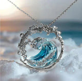 Wave Pendant Necklace with Blue Resin Center for Women