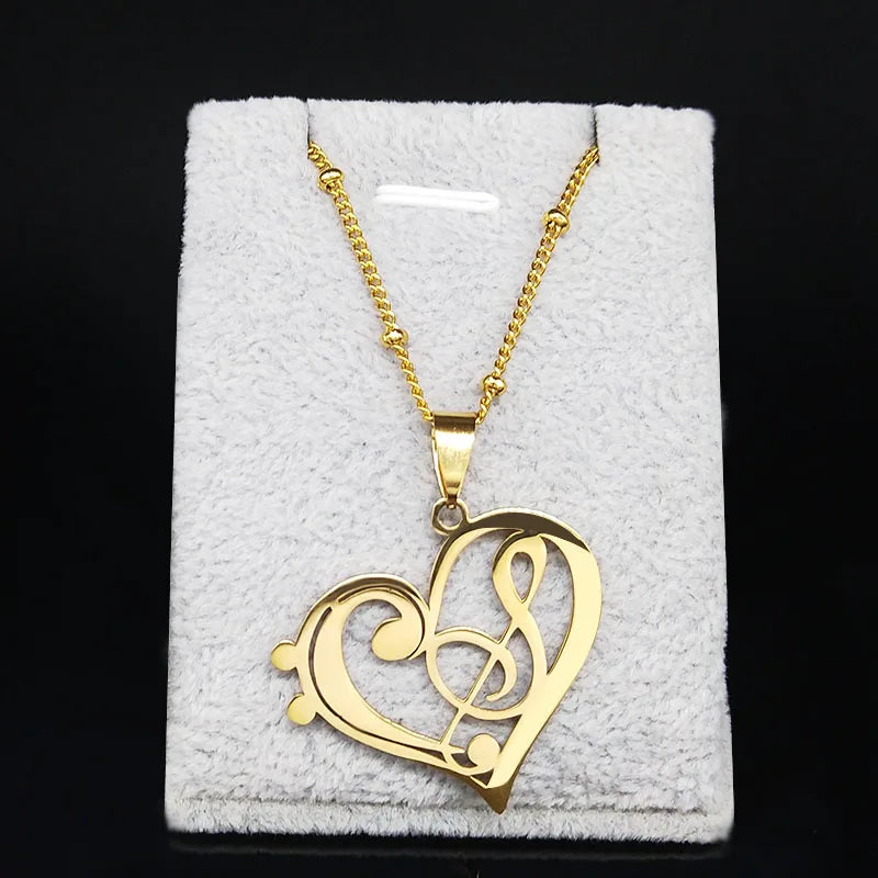 Aesthetic Music Note Heart of Treble Clef Stainless Steel Necklace for Women Men Gold Color Musical Chain Jewelry Collar N1135