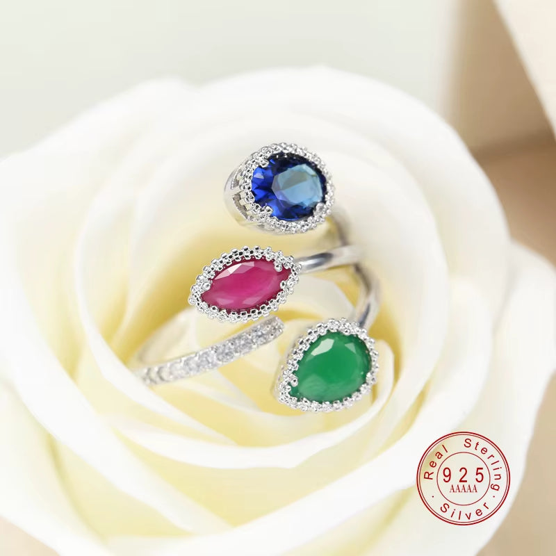 Classic 925 Sterling Silver High Quality Clear Blue Sparking CZ Geometric Stackable Opening Rings for Women Wedding Jewelry Gift