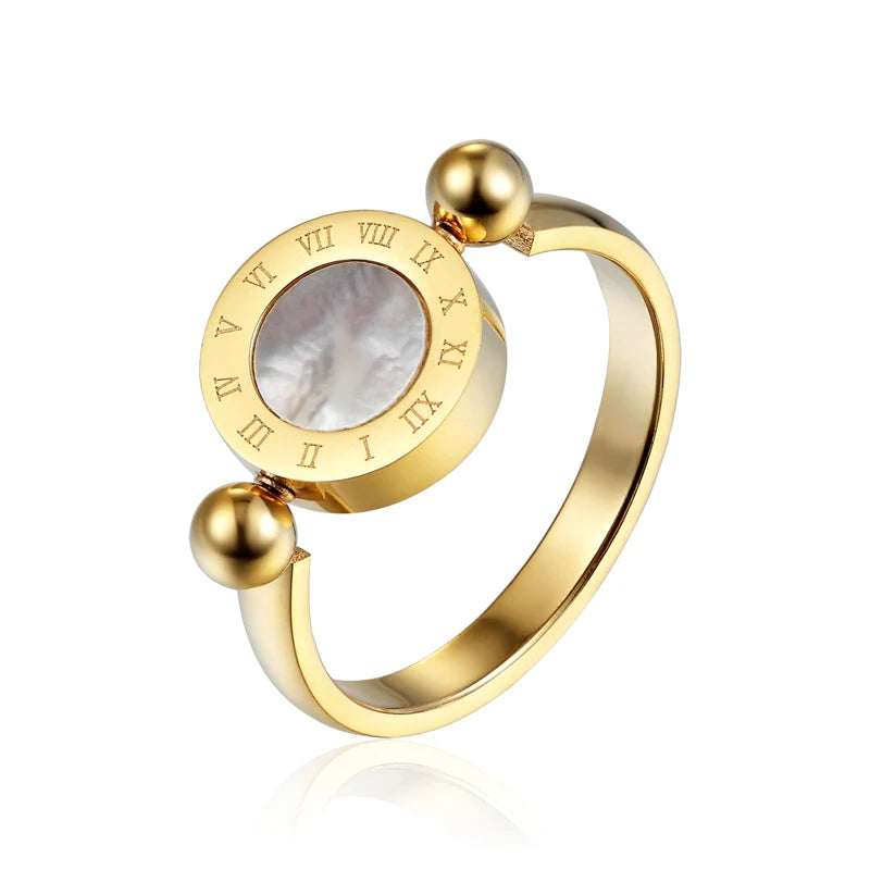 Classic Design Can Be Rotated Enamel and Shell Roman Numeral Beautiful Woman Ring Stainless Steel Brand Ring Jewelry for Women