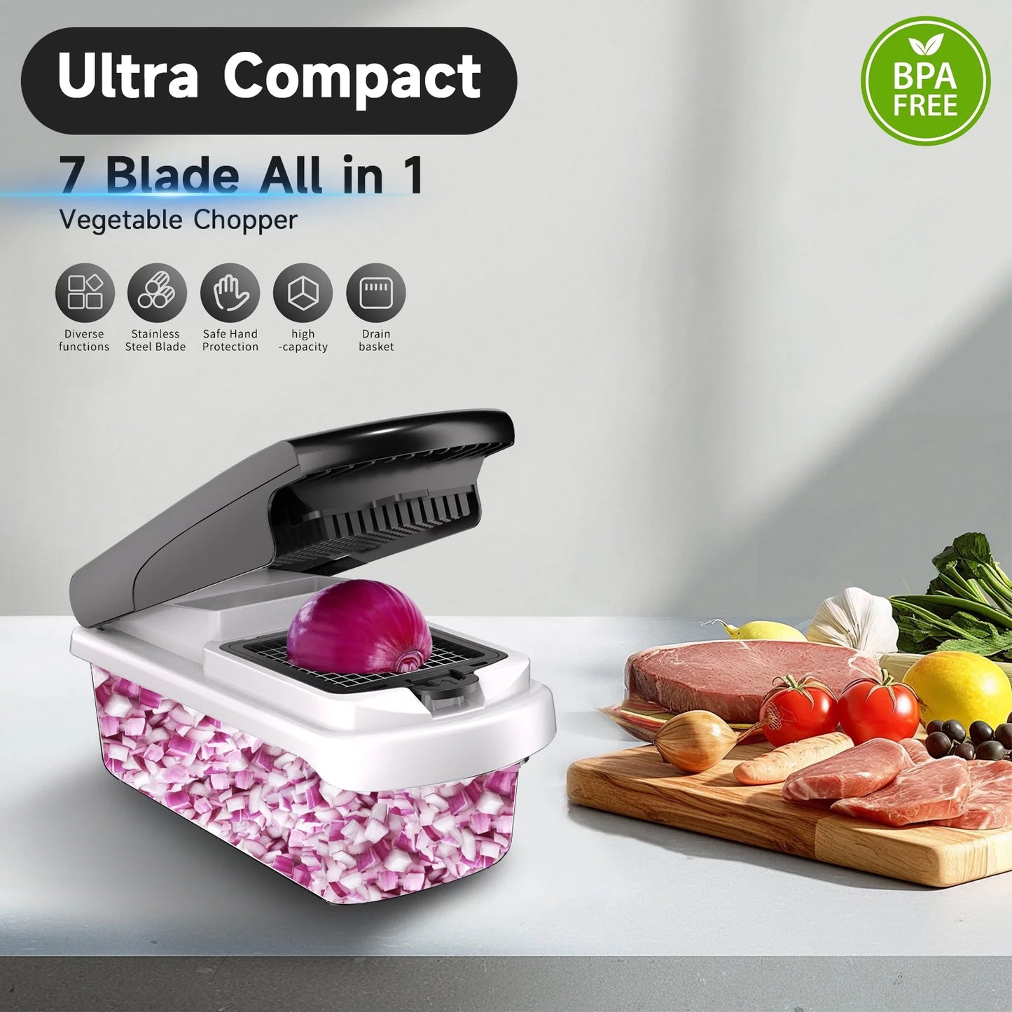 Vegetable Chopper Food Slicer, 15 in 1 Multi-Function Food Chopper for Onion, Veggie, Cheese Grater, Vegetables Cutter with Large Container, Kitchen Gadgets (White)