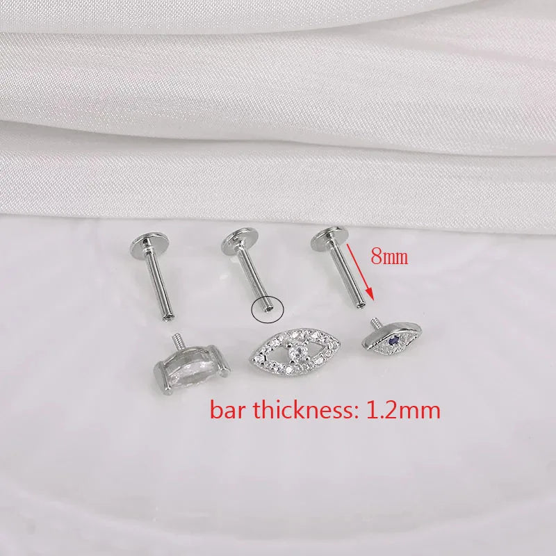 925 Sterling Silver 1PC Flat End Piercing Jewelry for Women Zircon Evil Eye Lightning Sphere Stud Earrings Labret Lip Ring