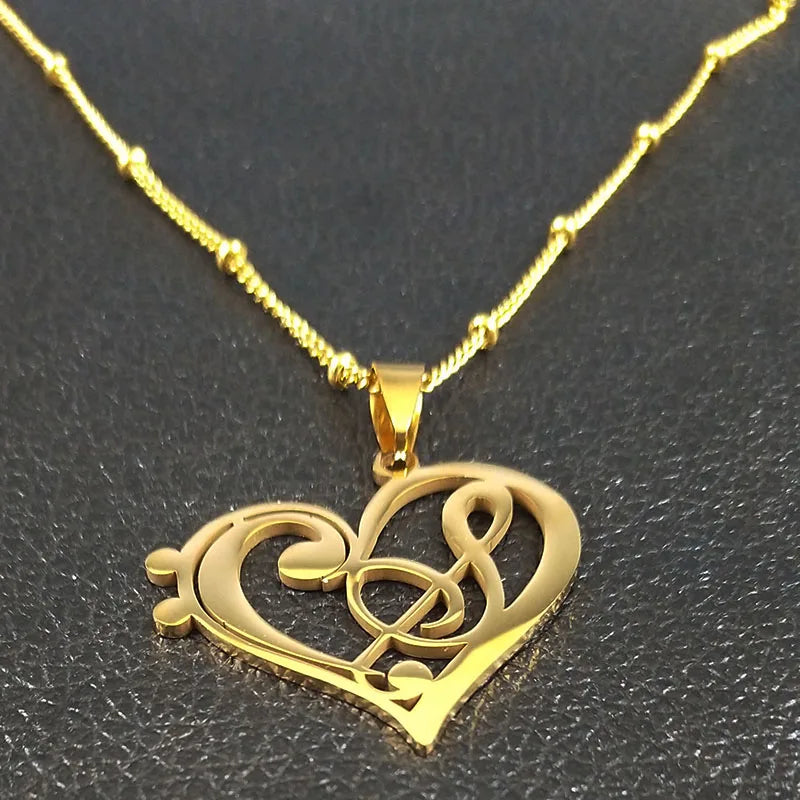Aesthetic Music Note Heart of Treble Clef Stainless Steel Necklace for Women Men Gold Color Musical Chain Jewelry Collar N1135