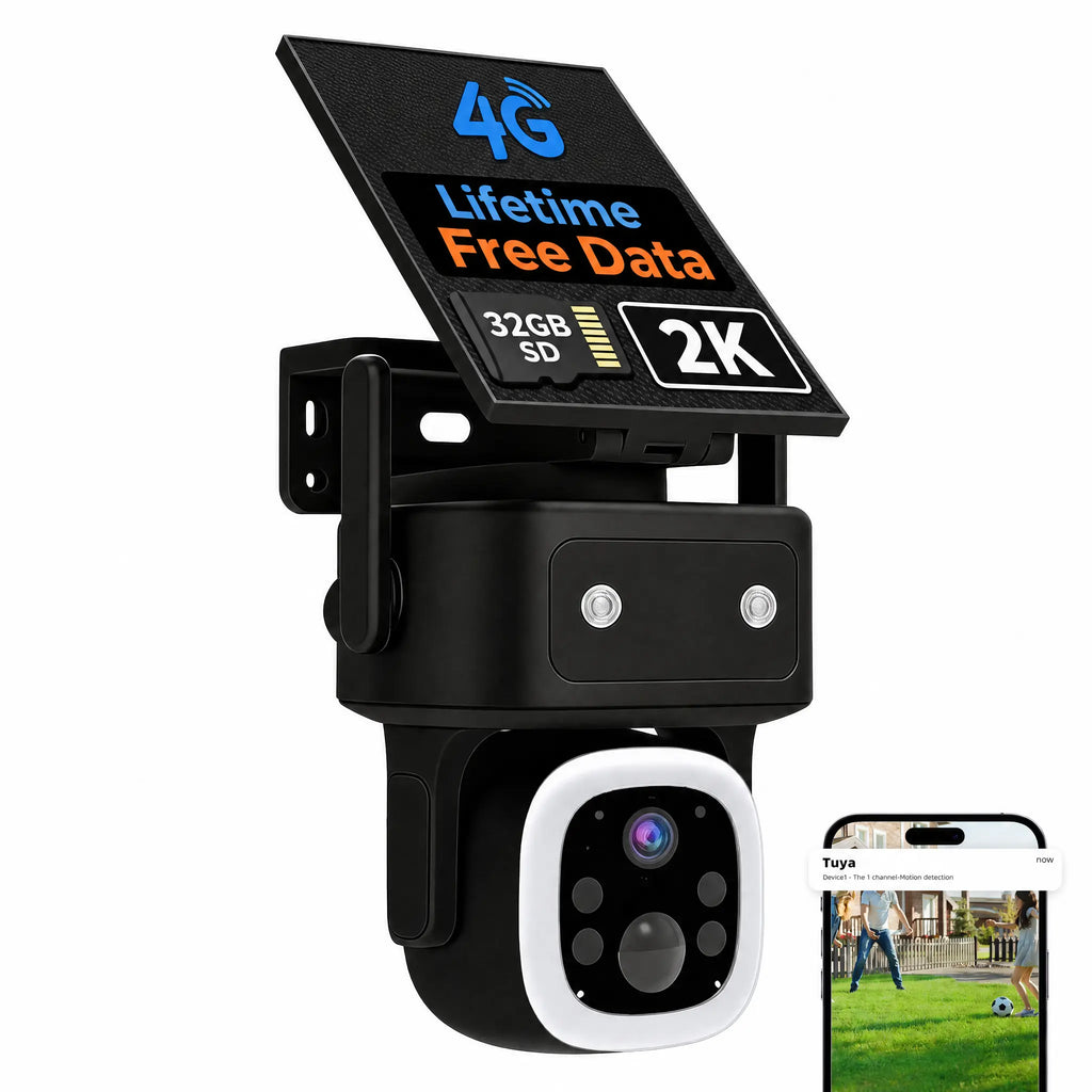 4G LTE Solar Cellular Security Camera Outdoor Wireless, Lifetime Free Data&No Monthly Fee, No Wifi, 360° PTZ, 2K Night Vision, Human Tracking, PIR, 2-Way Audio, 32GB TF Card, IP66 Waterproof