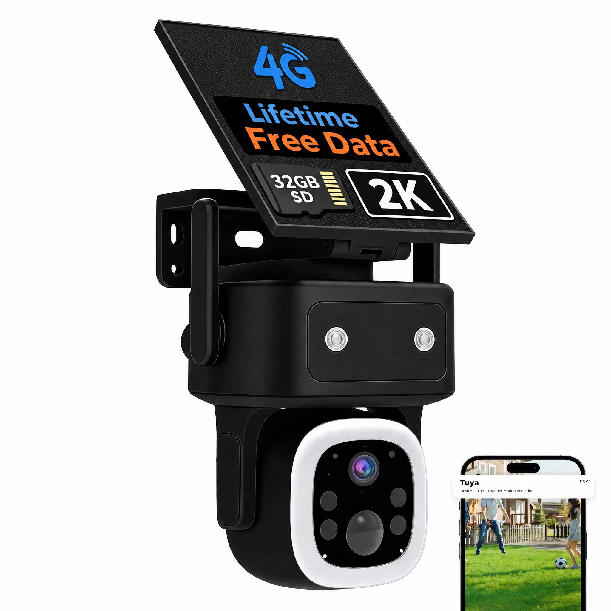 4G LTE Solar Cellular Security Camera Outdoor Wireless, Lifetime Free Data&No Monthly Fee, No Wifi, 360° PTZ, 2K Night Vision, Human Tracking, PIR, 2-Way Audio, 32GB TF Card, IP66 Waterproof