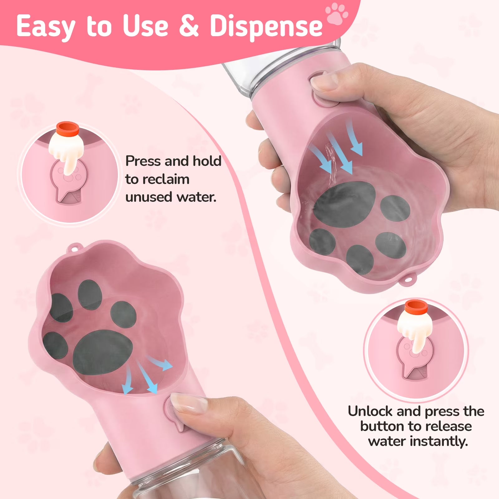 Dog Water Bottle with Food Container, 18.6Oz Pet Dispenser Cup, Detachable 5.7Oz Food Container, Portable Leak-Proof Water Bottle with Lock, Pink