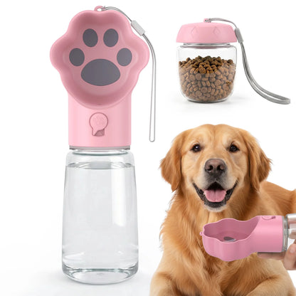 Dog Water Bottle with Food Container, 18.6Oz Pet Dispenser Cup, Detachable 5.7Oz Food Container, Portable Leak-Proof Water Bottle with Lock, Pink