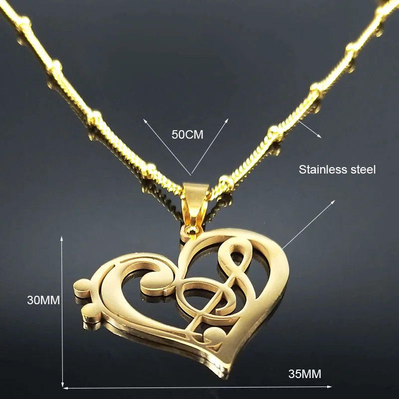 Aesthetic Music Note Heart of Treble Clef Stainless Steel Necklace for Women Men Gold Color Musical Chain Jewelry Collar N1135